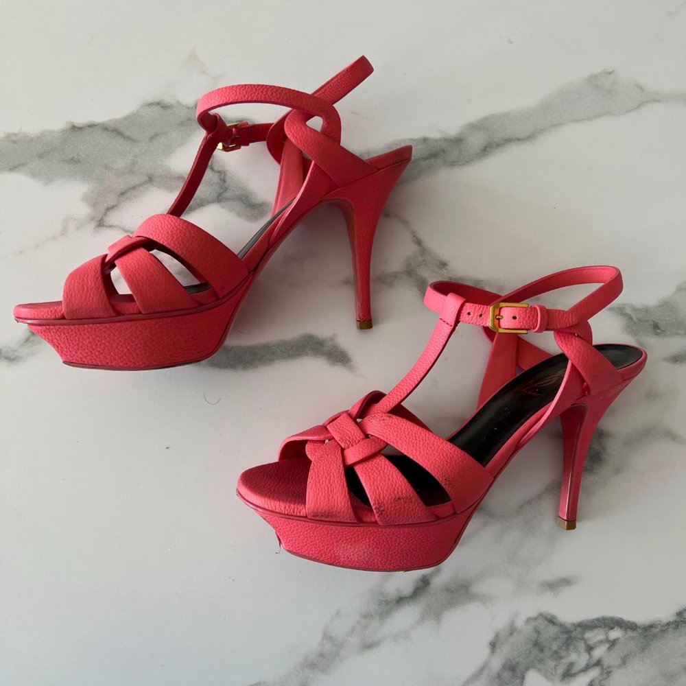Saint Laurent Tribute T-Strap Leather Platform Sandal, Lipstick Pink
